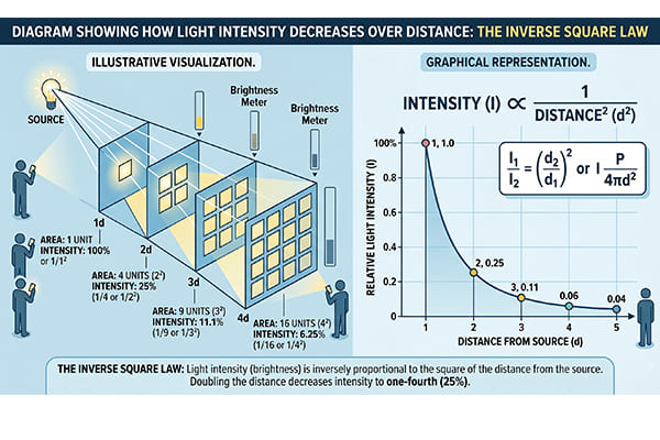 A diagram showing how light intensity decreases over distance (Inverse Square Law).